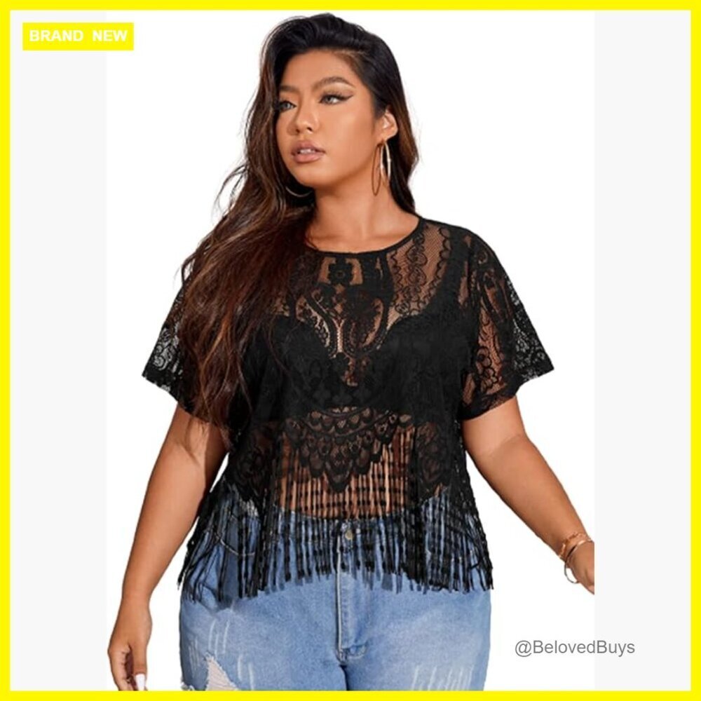 Plus Size Sheer Lace Tee Short Sleeve Fringe Hem See Through Top